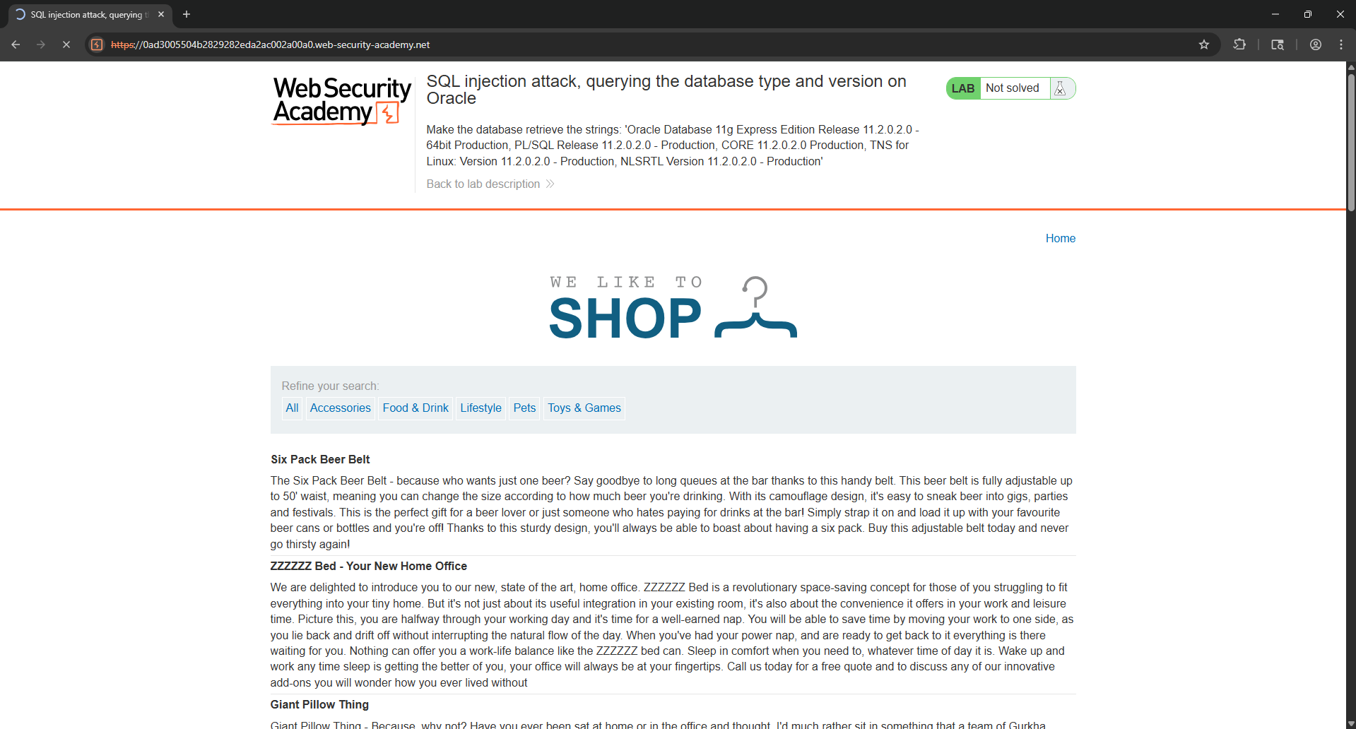 Lab 3.1 SQL Injection Database Version Oracle