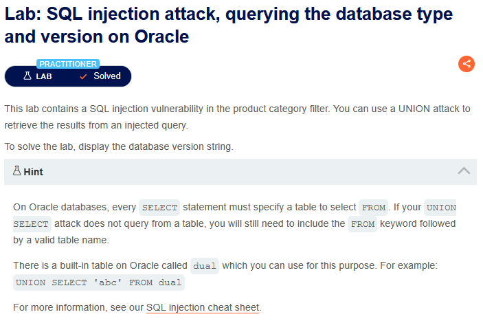 Lab 3.3 SQL Injection Database Version Oracle