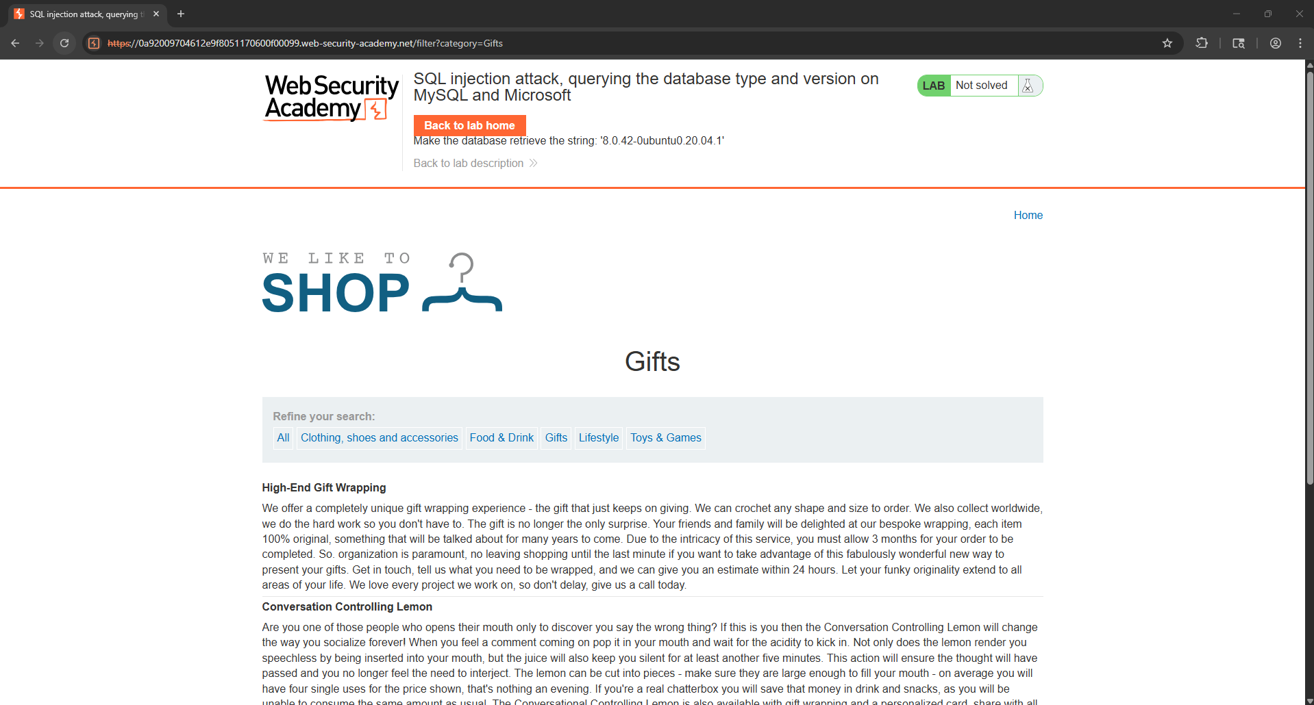 Lab 4.1 SQL Injection Database Version MySQL